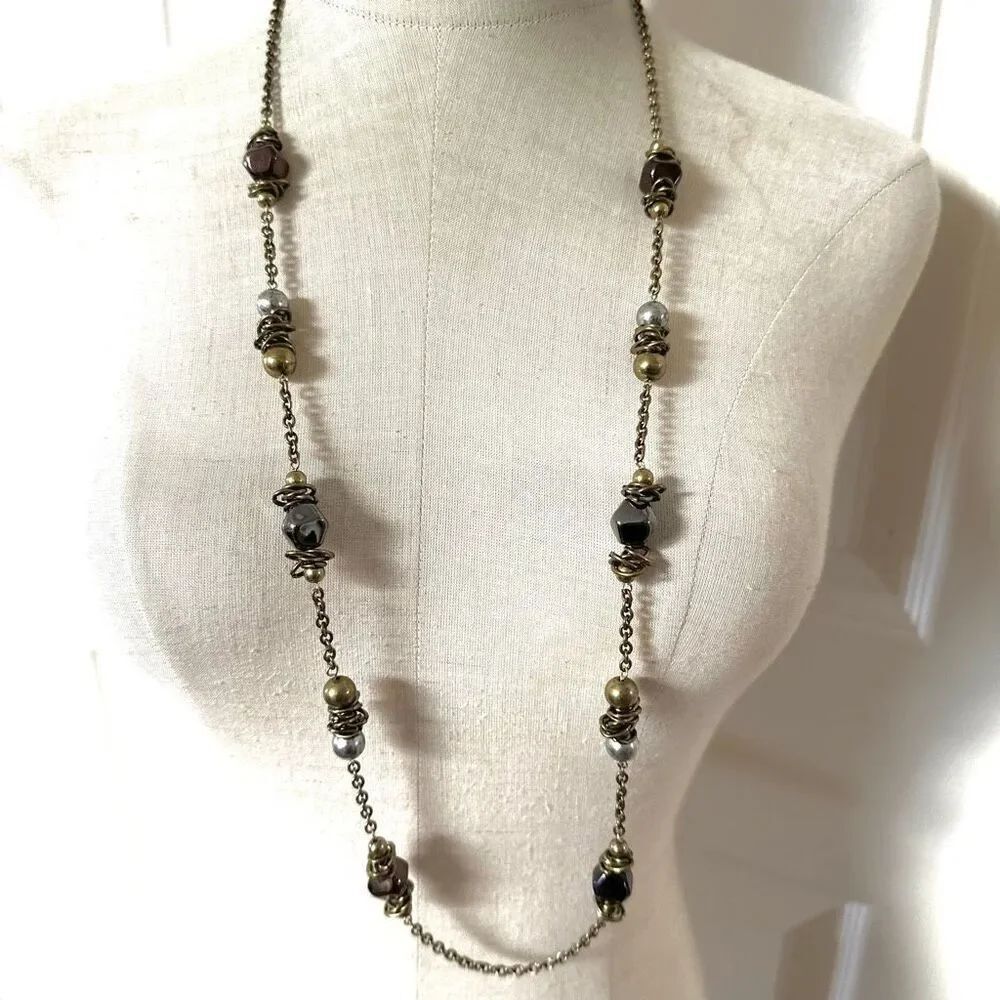 Mixed Metal Beaded Long Chain Necklace